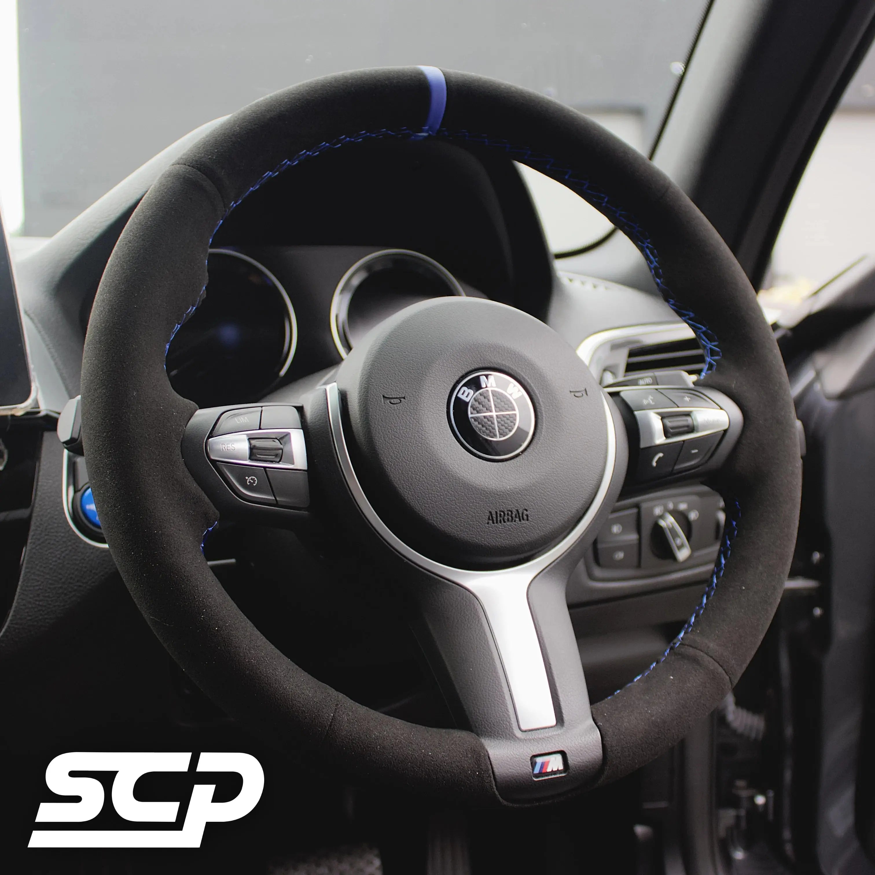 BMW F-Series M Sport Steering Wheel Cover SCP Automotive Suede-Blue-Stripe-Blue-Stitching