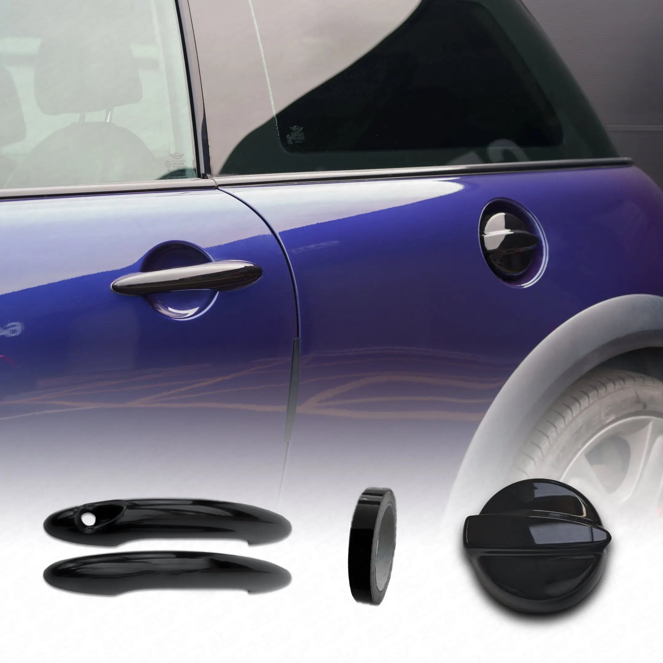 MINI R53 Gloss Black Dechrome Package (Beltline Tape, Fuel Cap and Handle Cover) SCP Automotive