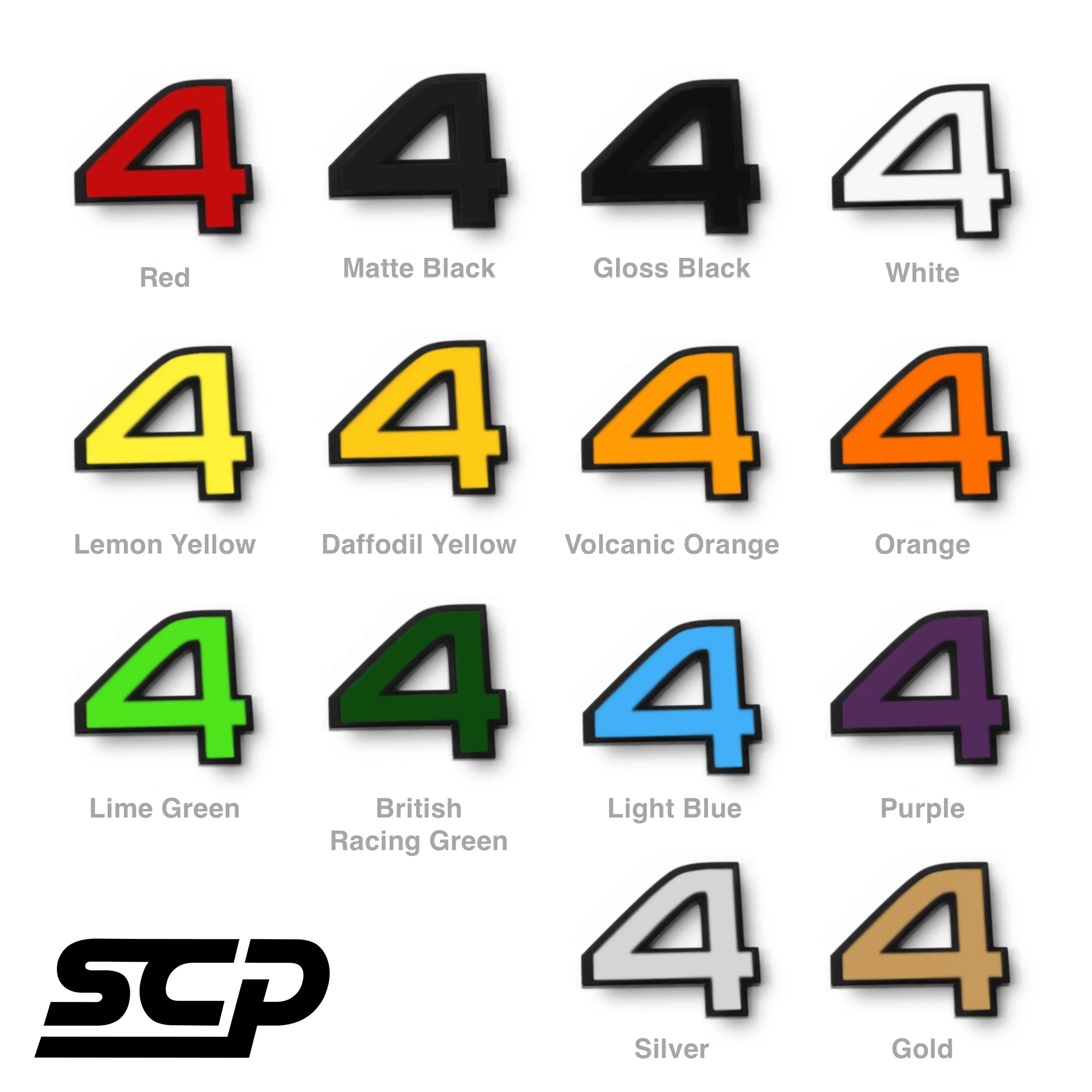 MINI ALL4 "4" Replacement Sticker in Red, Matte Black, Gloss Black, White, Lemon Yellow, Daffodil Yellow, Volcanic Orange, Orange, Lime Green, British racing green, Light Blue, Purple, Silver and Gold