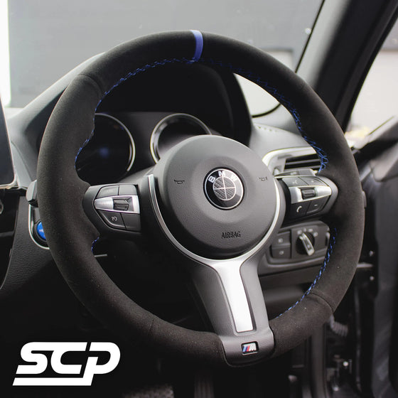 BMW F-Series M Sport Steering Wheel Cover SCP Automotive Suede-Blue-Stripe-Blue-Stitching