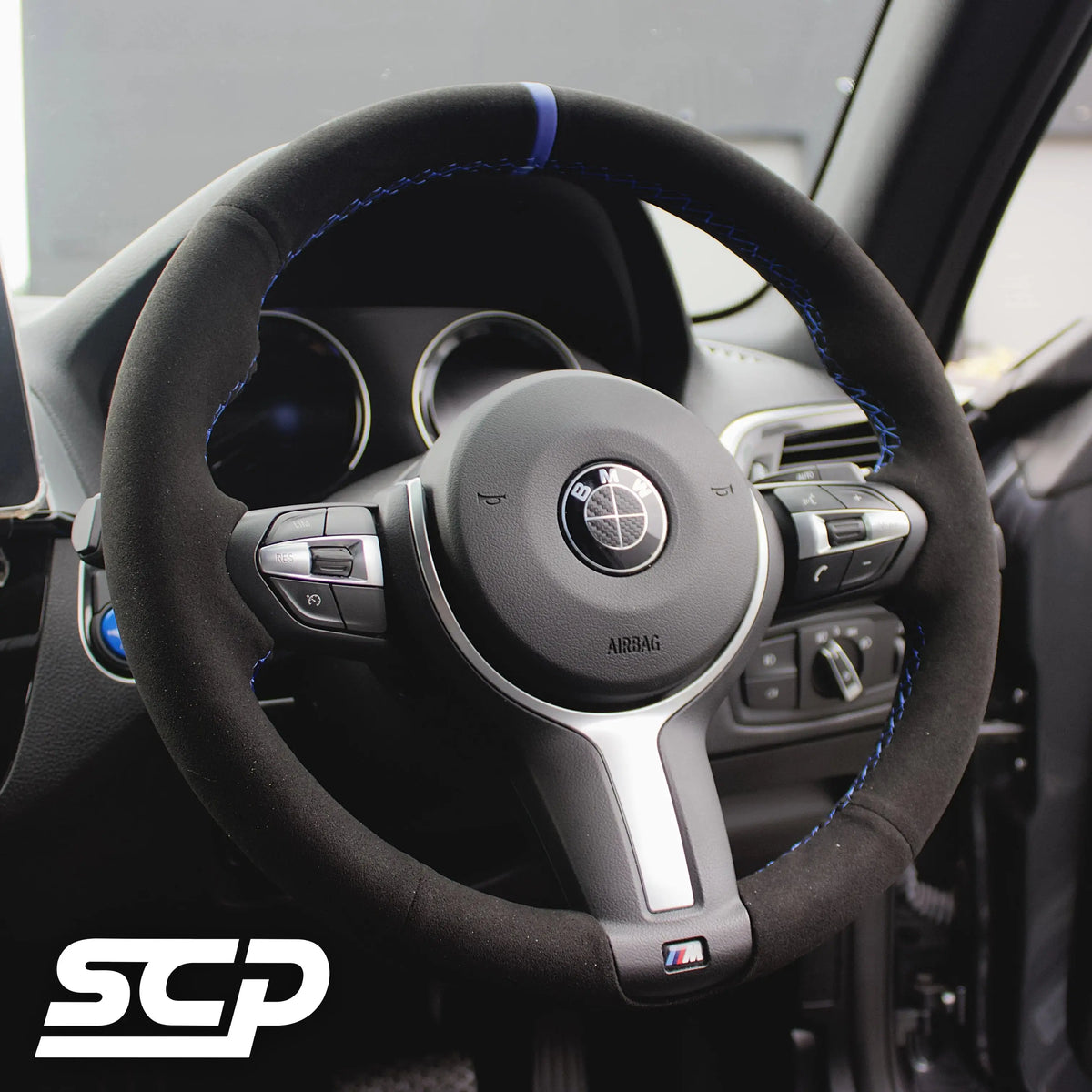 HAOTULE Nappa Leather Steering Wheel Cover For BMW - Slim Black Cover With Stripes, Non-Slip Grip, Easy Install