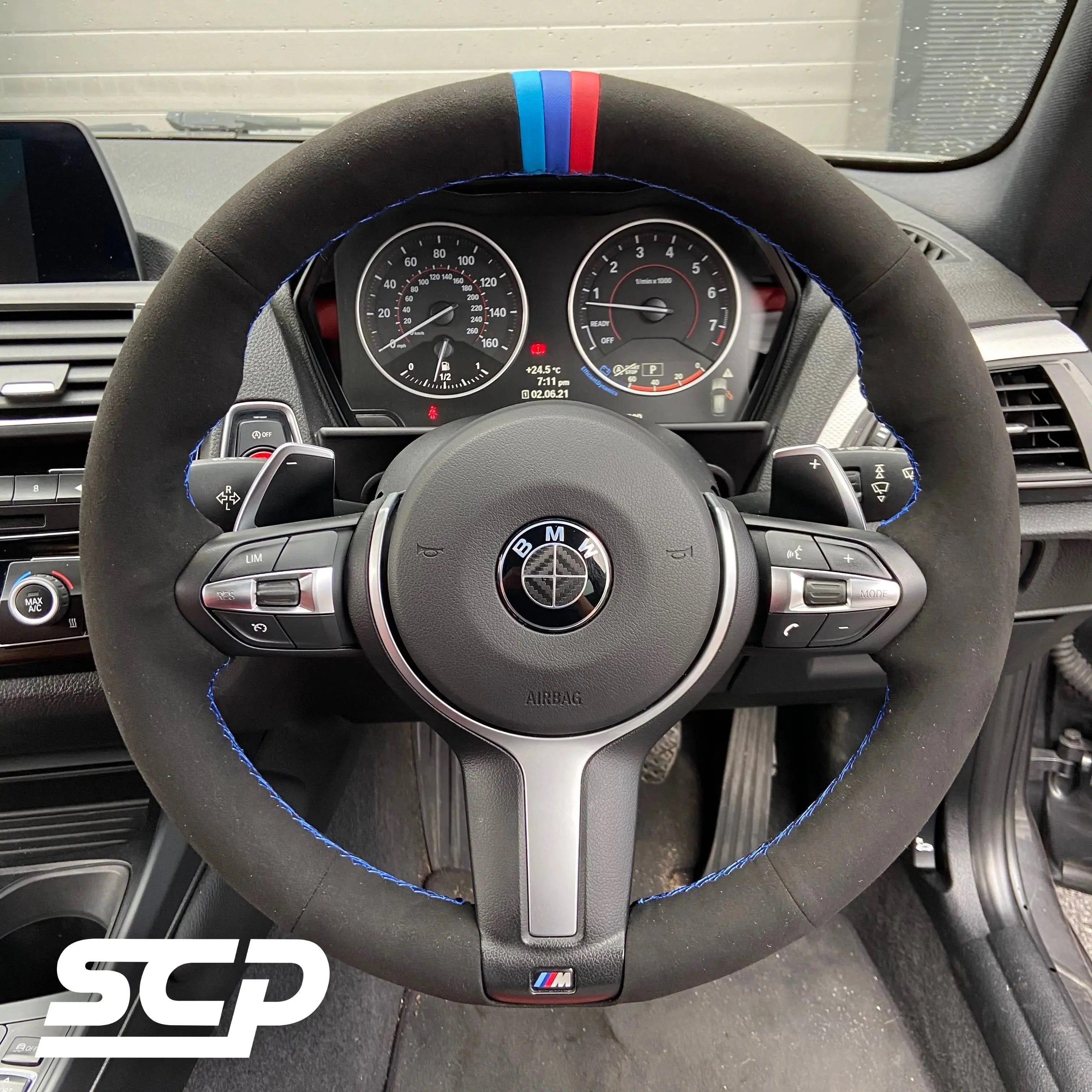 BMW F-Series M Sport Steering Wheel Cover SCP Automotive Suede-M-Stripe-Blue-Stitching