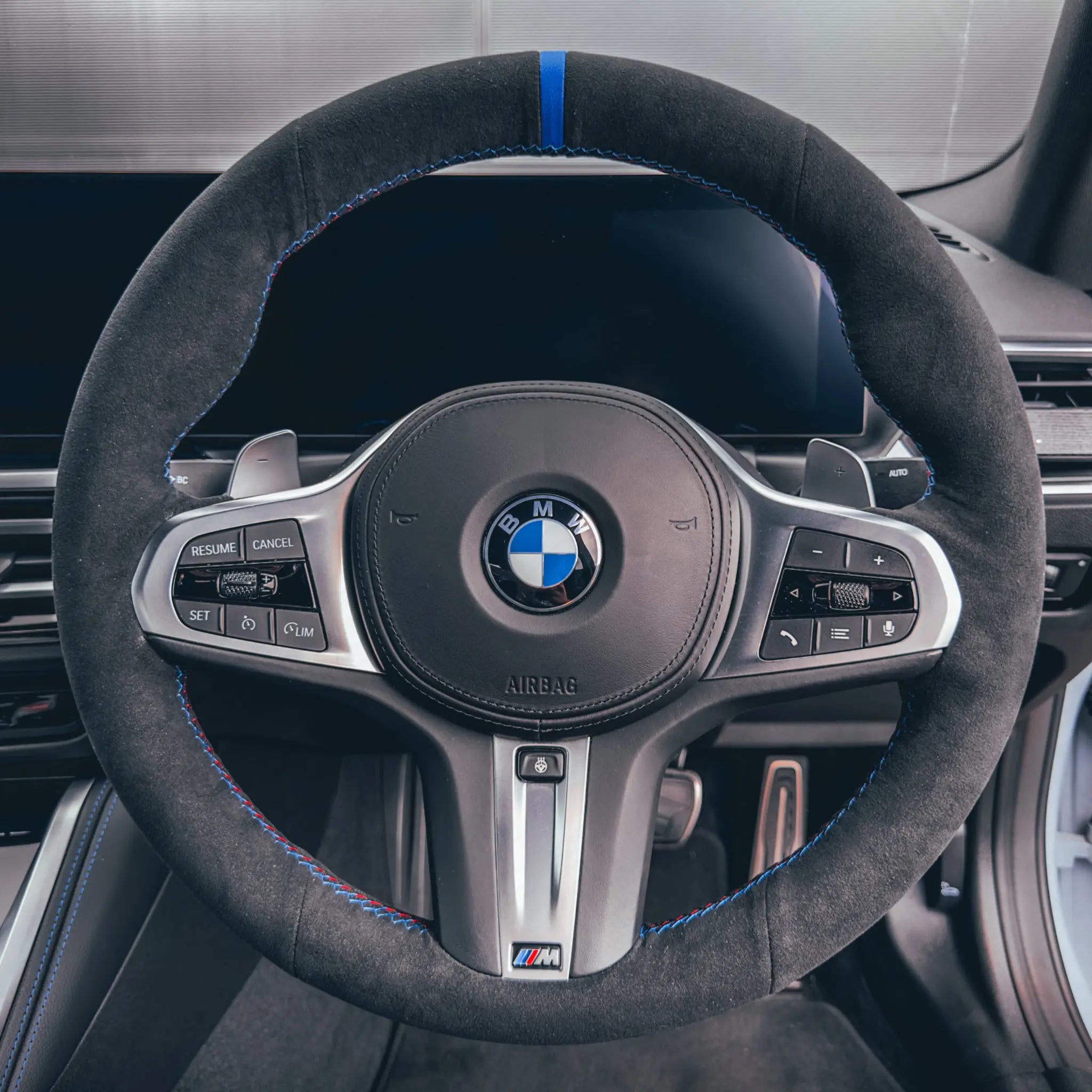 BMW G-Series M Sport Steering Wheel Cover SCP Automotive Alcantara-Blue-Stripe-M-Stitching