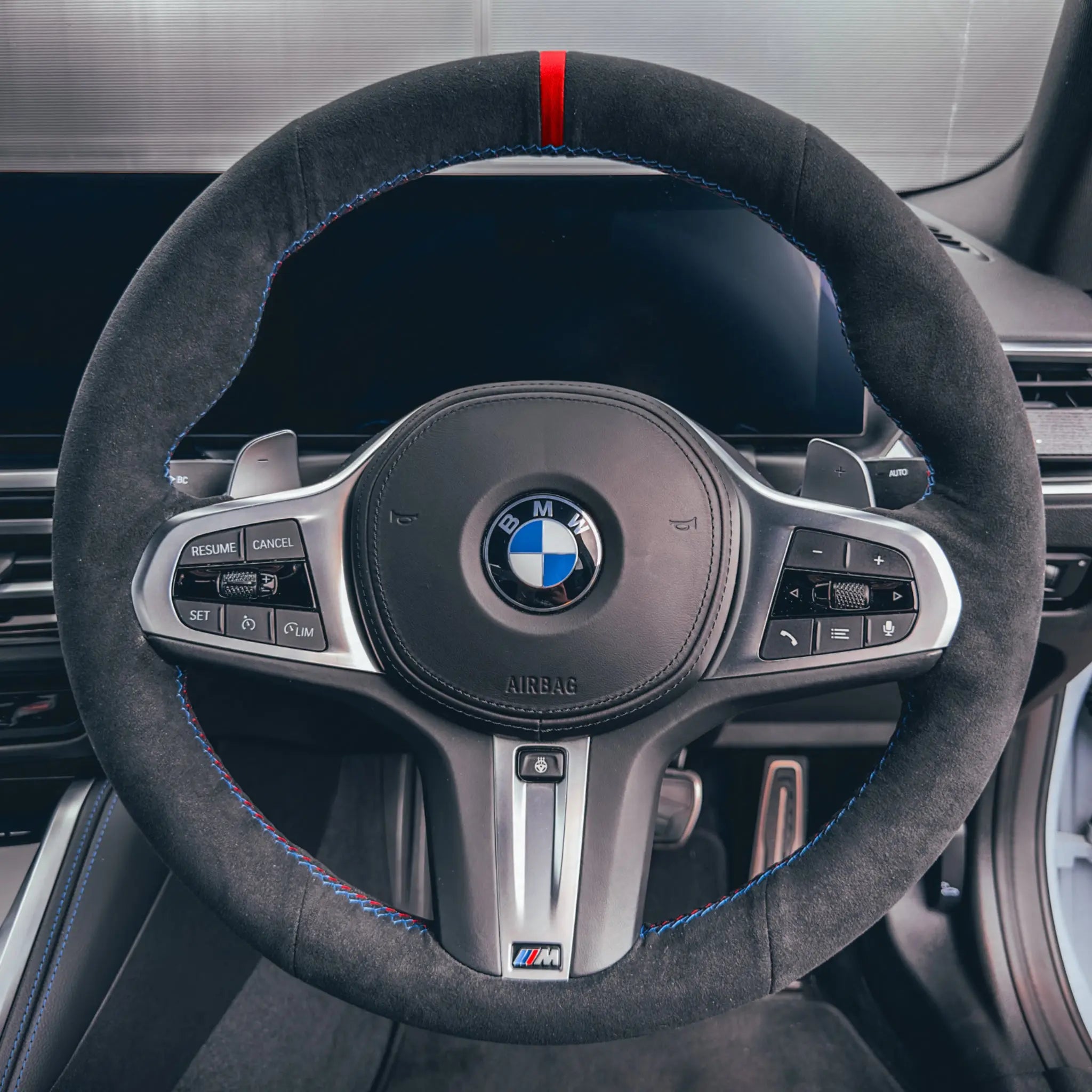 BMW G-Series M Sport Steering Wheel Cover SCP Automotive Alcantara-Red-Stripe-M-Stitching