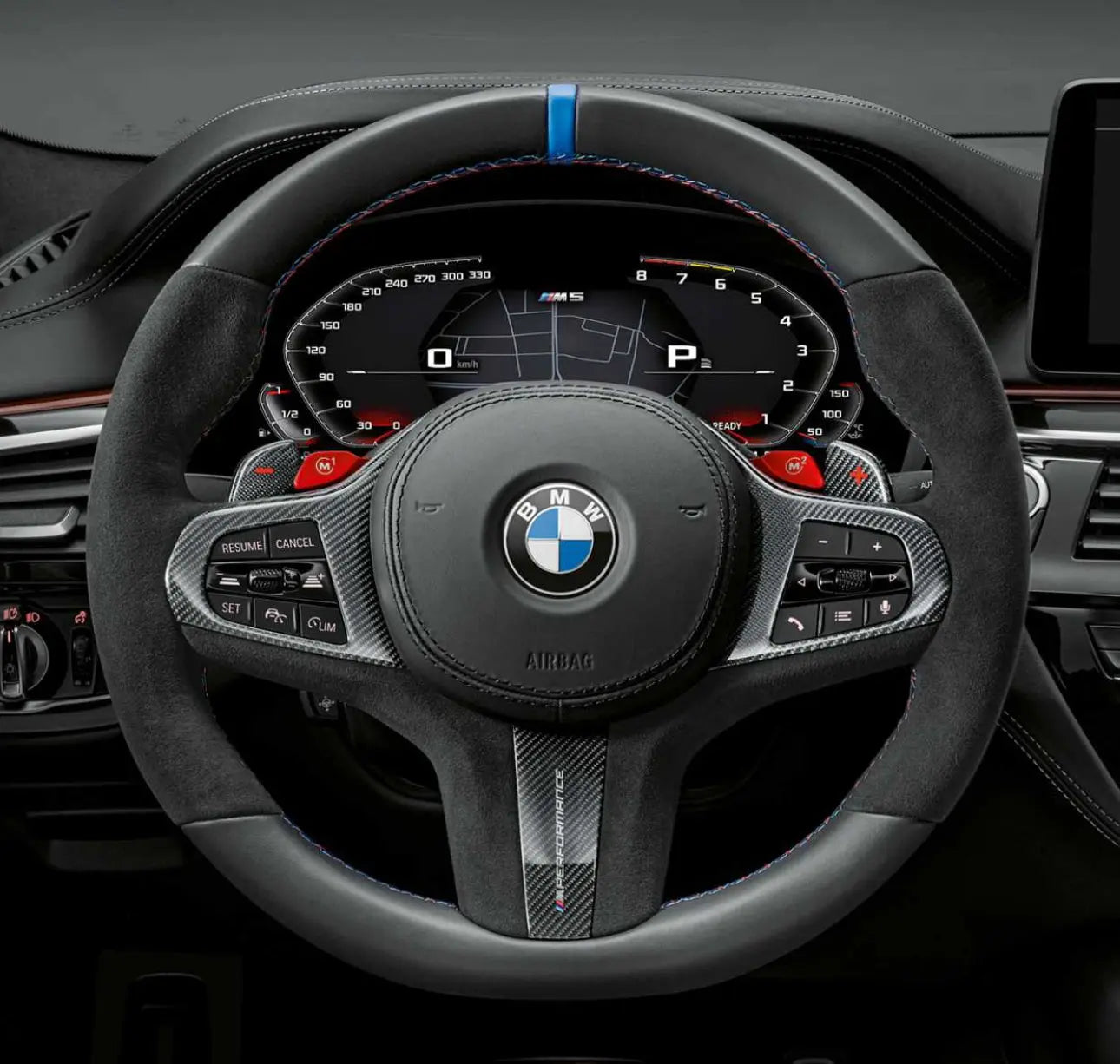 BMW G-Series M Sport Steering Wheel Cover SCP Automotive Suede-and-Leather-Blue-Stripe-M-Stitching