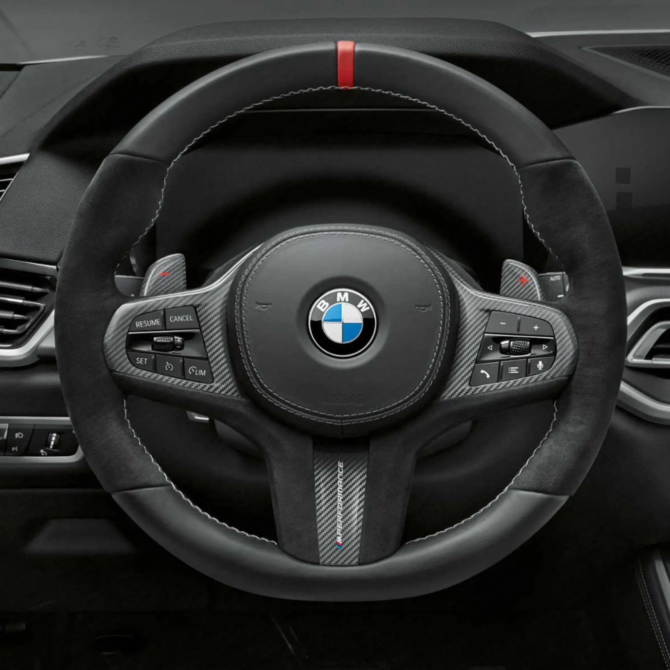 BMW G-Series M Sport Steering Wheel Cover SCP Automotive Suede-and-Leather-Red-Stripe-M-Stitching