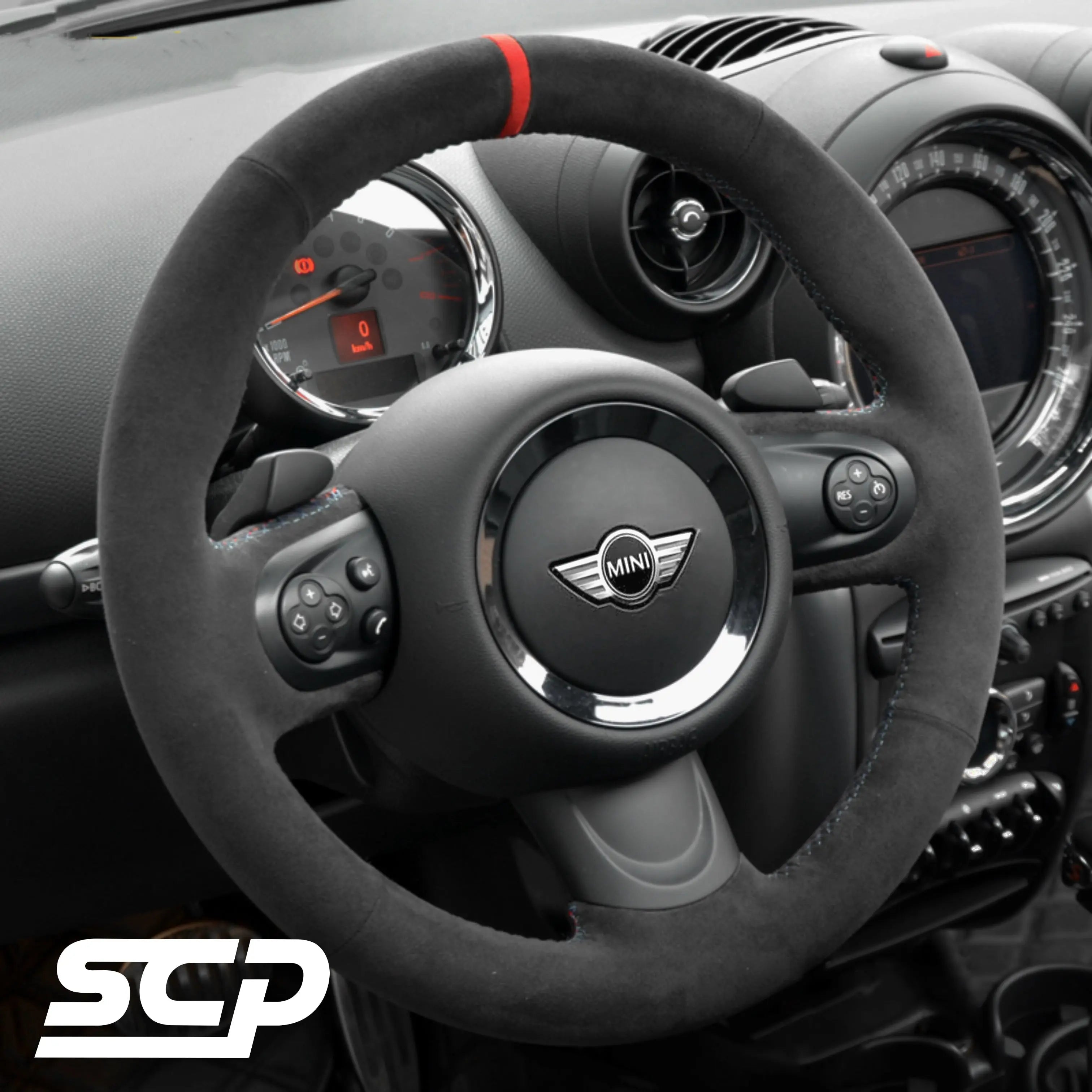 MINI R-Series Generation 2 Steering Wheel Cover SCP Automotive Suede-Red-Stripe-Red-Stitching