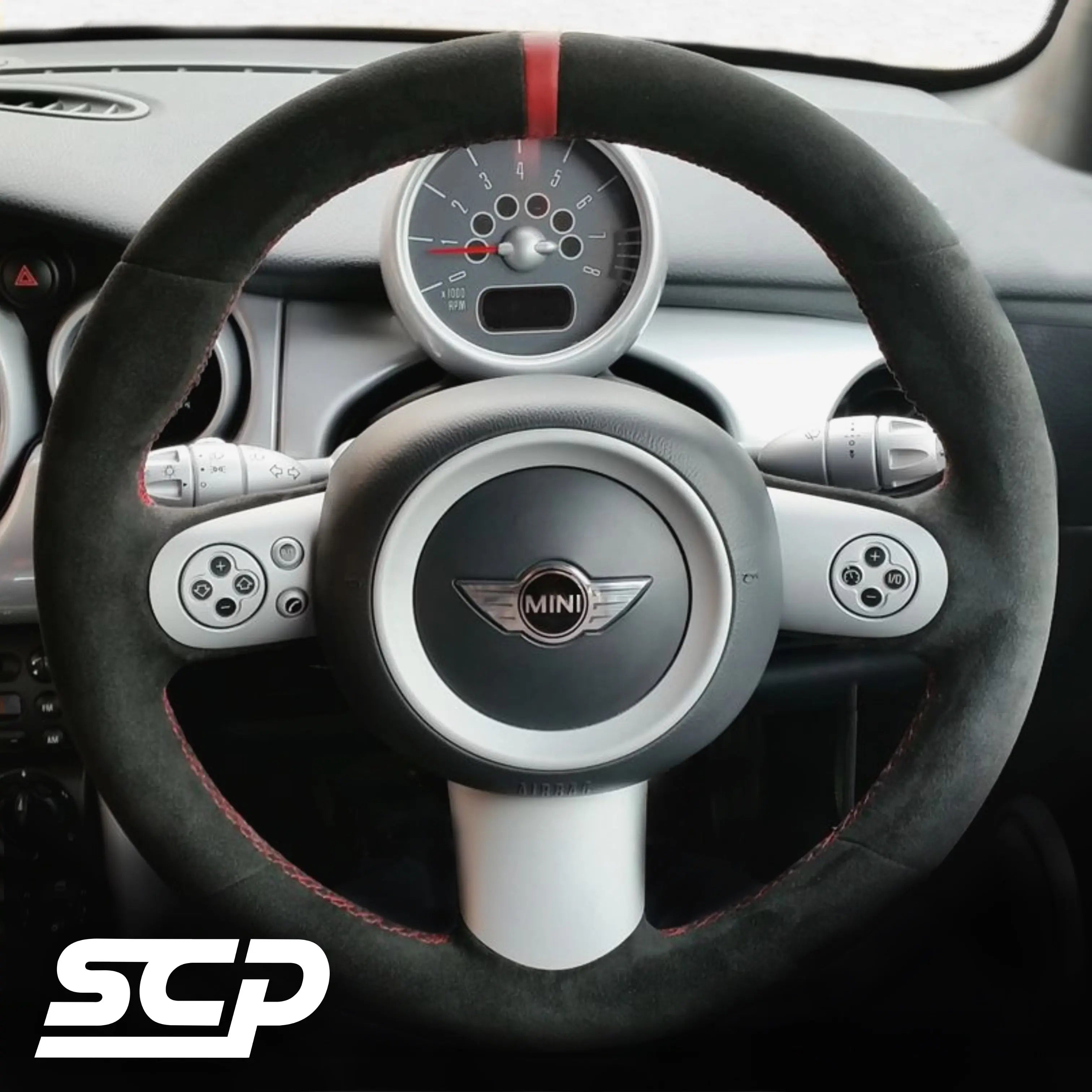 MINI R-Series R50 R52 R53 LCI Steering Wheel Cover SCP Automotive Alcantara-Red-Stripe-Red-Stitching